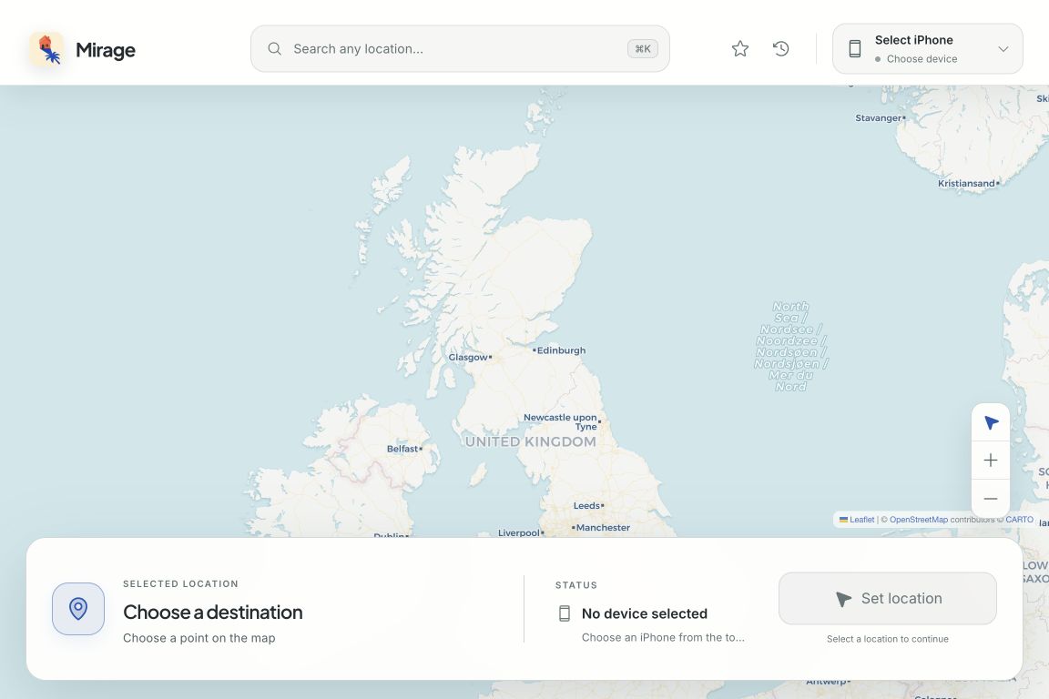 Mirage for macOS open on the United Kingdom and ready to choose an iPhone GPS location