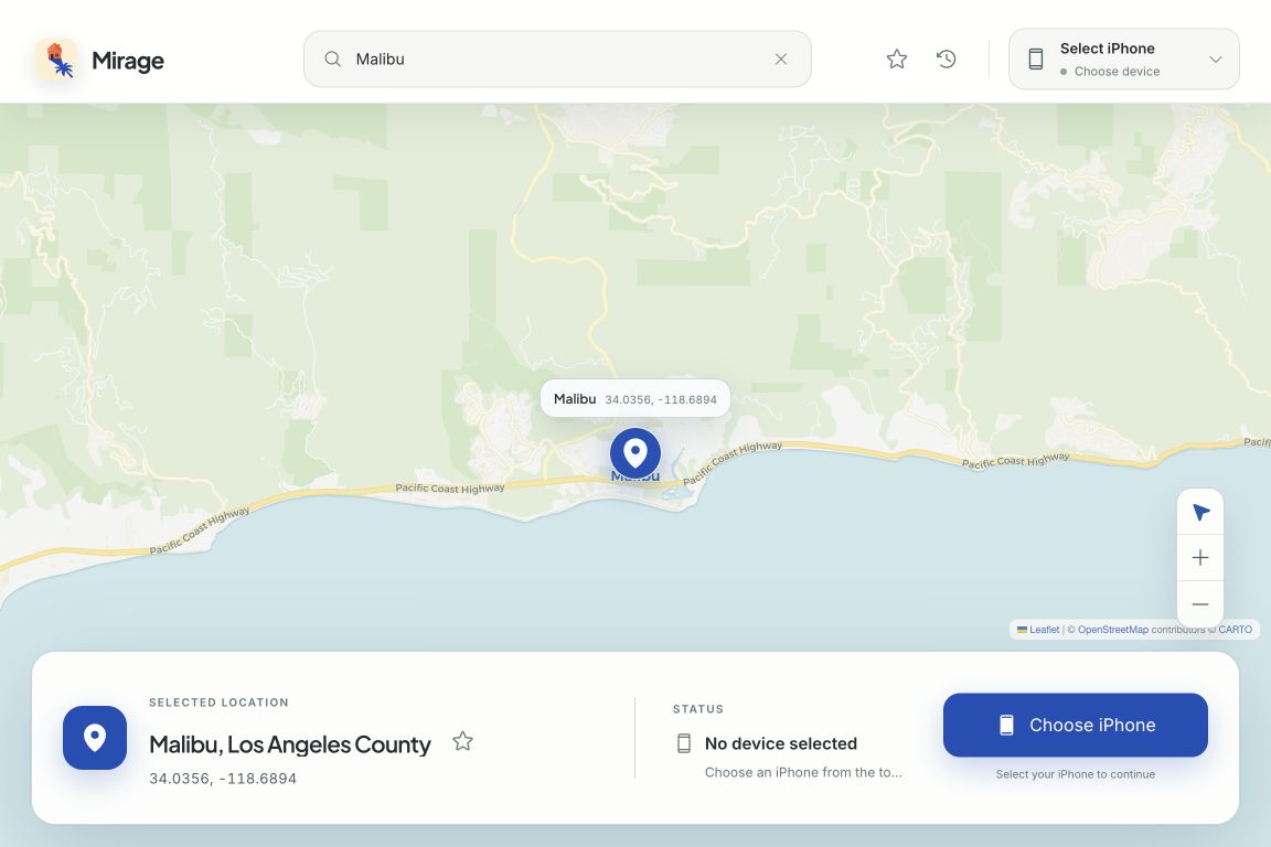 Mirage showing Malibu selected on the map, ready to change a connected iPhone's GPS location